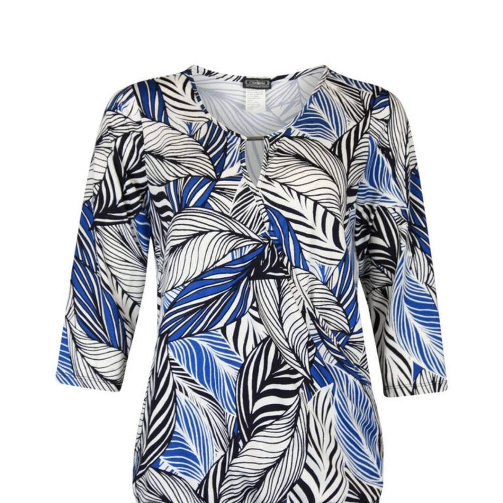 🪼EUC  WHITE/BLACK/BLUE TROPICAL LEAF PRINT ELASTIC WAIST BLOUSE - SIZE MED